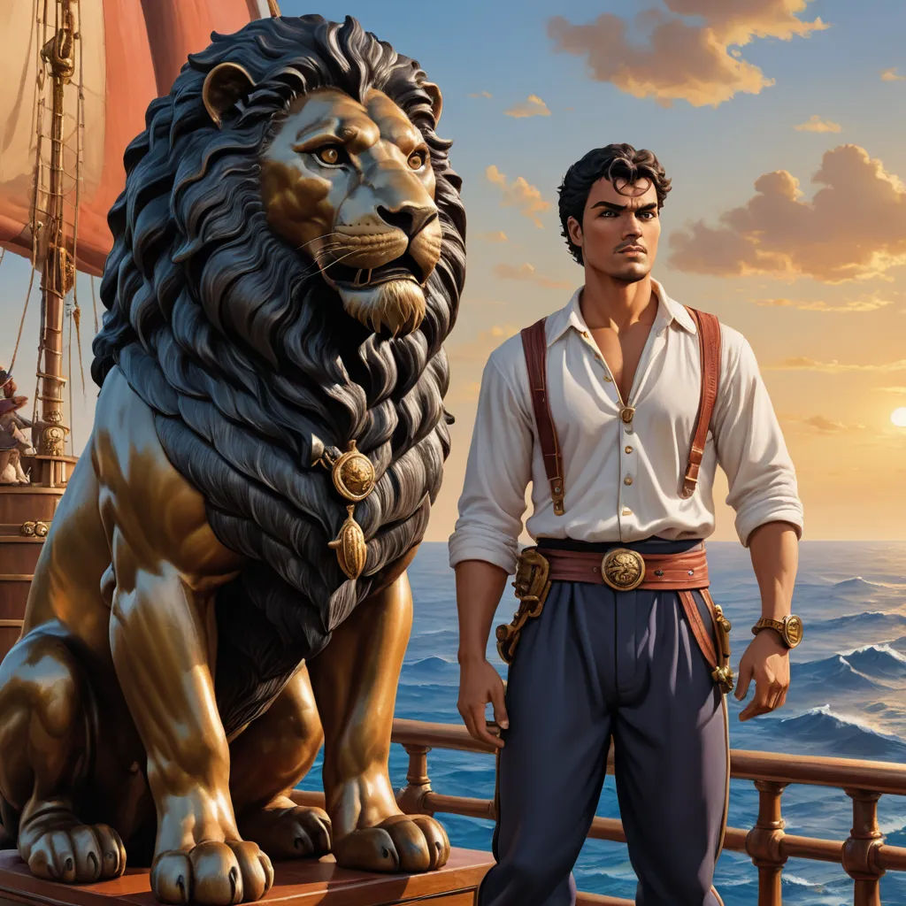 a man standing next to a statue of a lion on a ship in the ocean with a sunset behind him, fantasy art, a character portrait, F. Scott Hess, kinkade