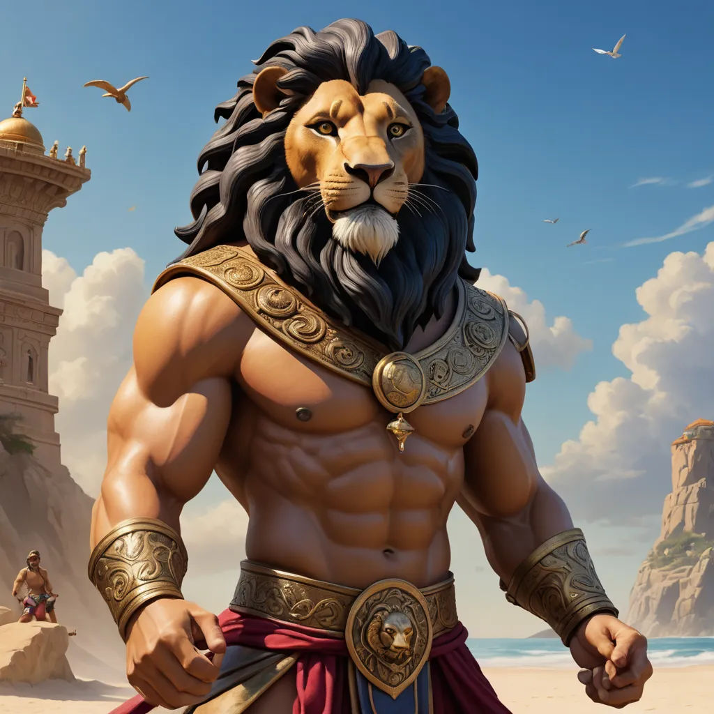 a man with a lion costume on standing in front of a castle and a beach with birds flying around, fantasy art, concept art, Clint Cearley, trending on artstation hq