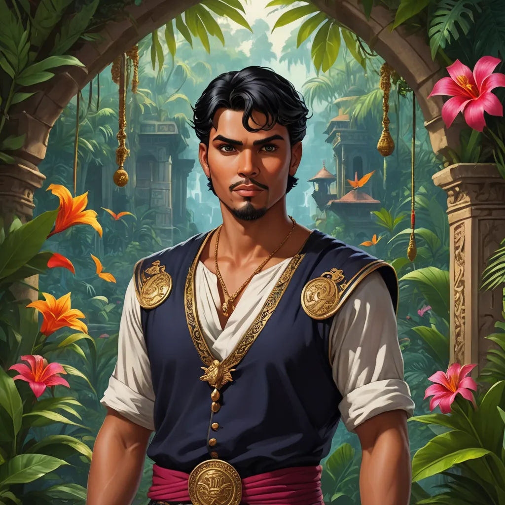 a man in a blue and white shirt and a flowered area with a bird hanging from the ceiling, fantasy art, a character portrait, Altoon Sultan, character portrait