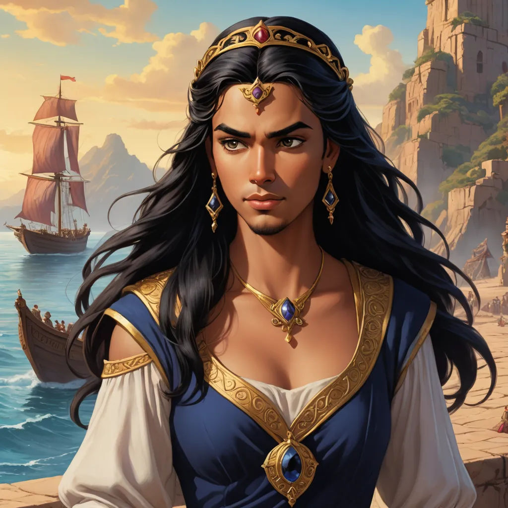 a woman in a blue dress standing next to a boat in the ocean with a pirate ship in the background, fantasy art, a character portrait, Altoon Sultan, epic fantasy character art