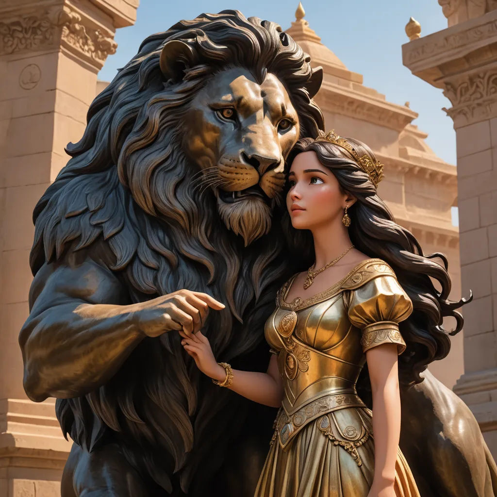 a statue of a woman and a lion in front of a building with a sky background and a blue sky, fantasy art, a statue, Clint Cearley, rossdraws global illumination