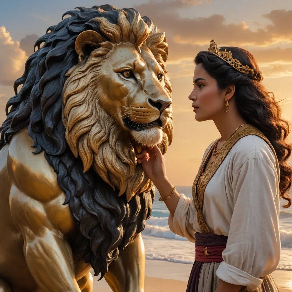a woman in a dress touching a statue of a lion on the beach at sunset with a sky background, fantasy art, a detailed matte painting, Altoon Sultan, promotional image