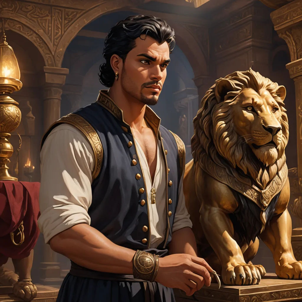 a man in a blue vest standing next to a lion statue in a room with gold lights and a lamp, fantasy art, a character portrait, Clint Cearley, magic the gathering artwork