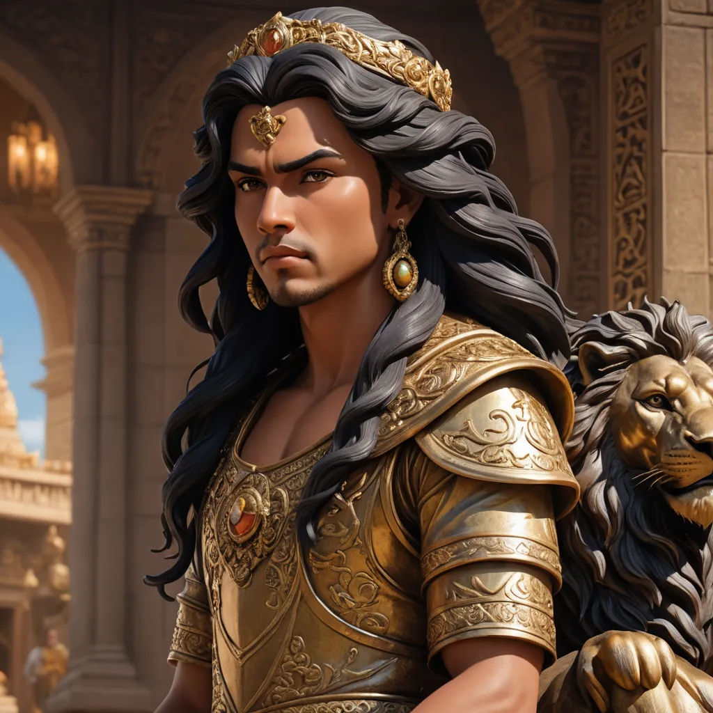 a statue of a man in a golden outfit with a lion on his shoulder and a golden crown on his head, samikshavad, a bronze sculpture, Anthony Devas, rossdraws global illumination