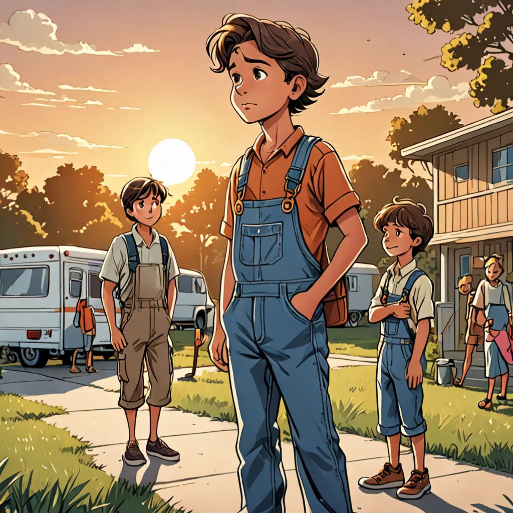a cartoon of a boy standing in front of a group of boys on a sidewalk with a camper in the background, american realism, a comic book panel, Brothers Hildebrandt, comic cover art