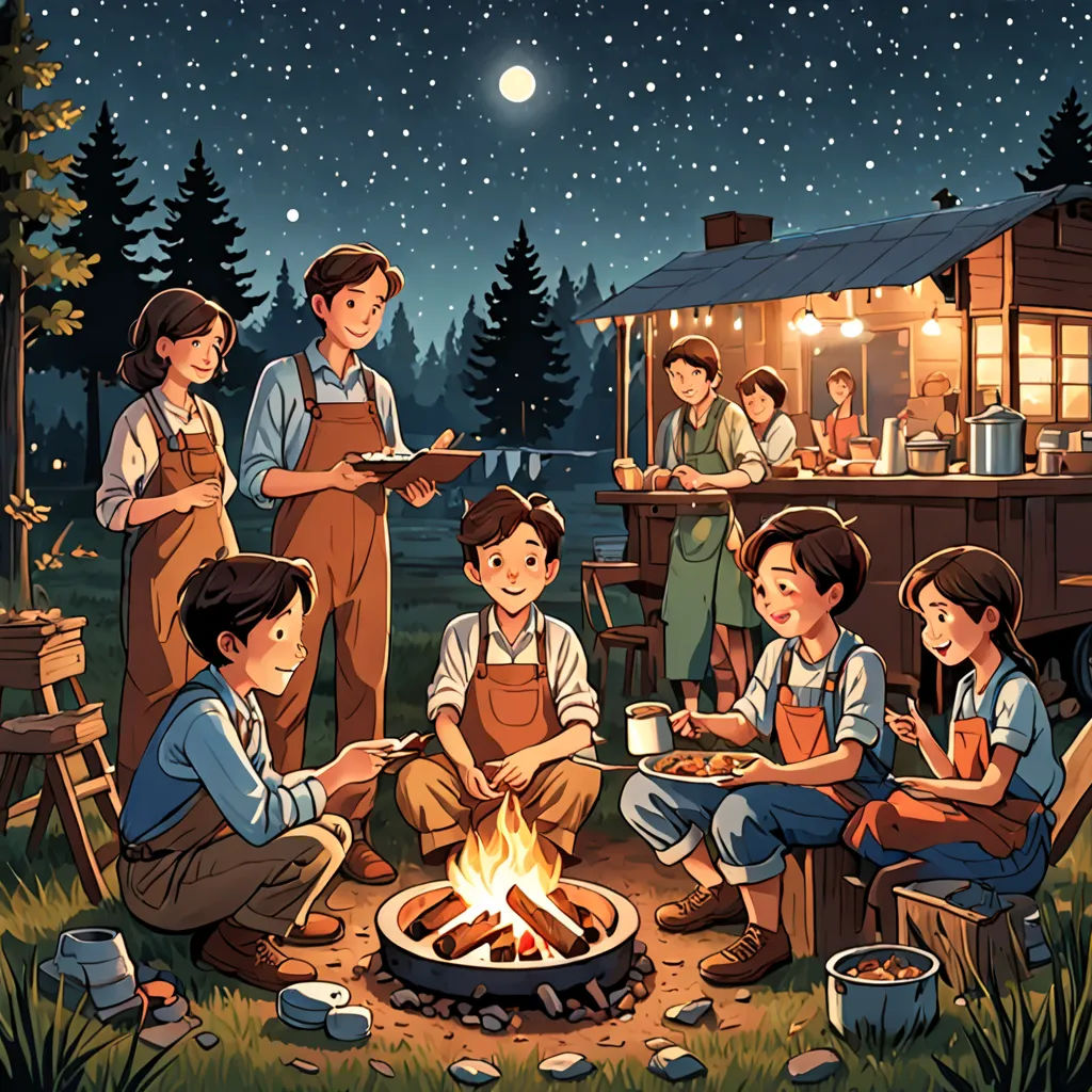 a group of people sitting around a campfire at night with a campfire in the foreground and a cabin in the background, lyco art, a storybook illustration, Dan Mumford, official art