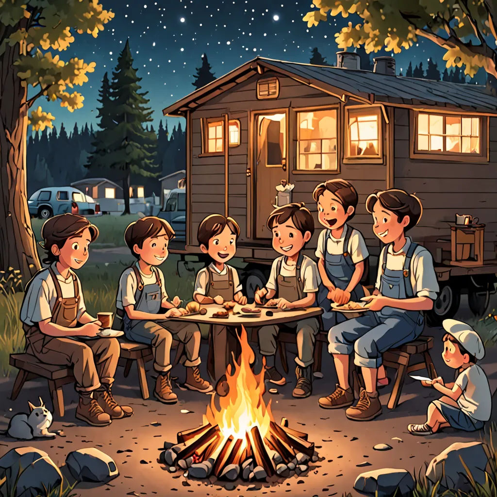 a group of kids sitting around a campfire in front of a cabin at night with a campfire, lyco art, a storybook illustration, Brothers Hildebrandt, official art