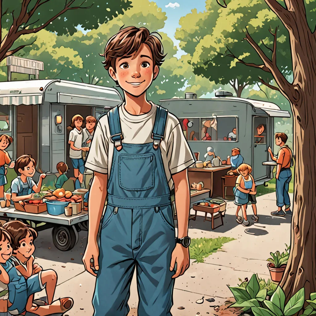 a man standing in front of a group of people in a park with a food truck in the background, american scene painting, a storybook illustration, F Scott Hess, official art
