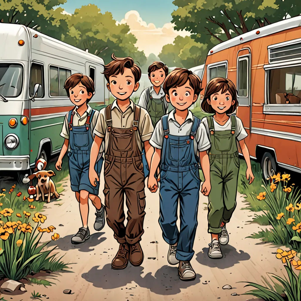 a group of people walking down a dirt road next to a bus and a dog on a leash and a dog on the ground, lyco art, a storybook illustration, Brothers Hildebrandt, comic cover art