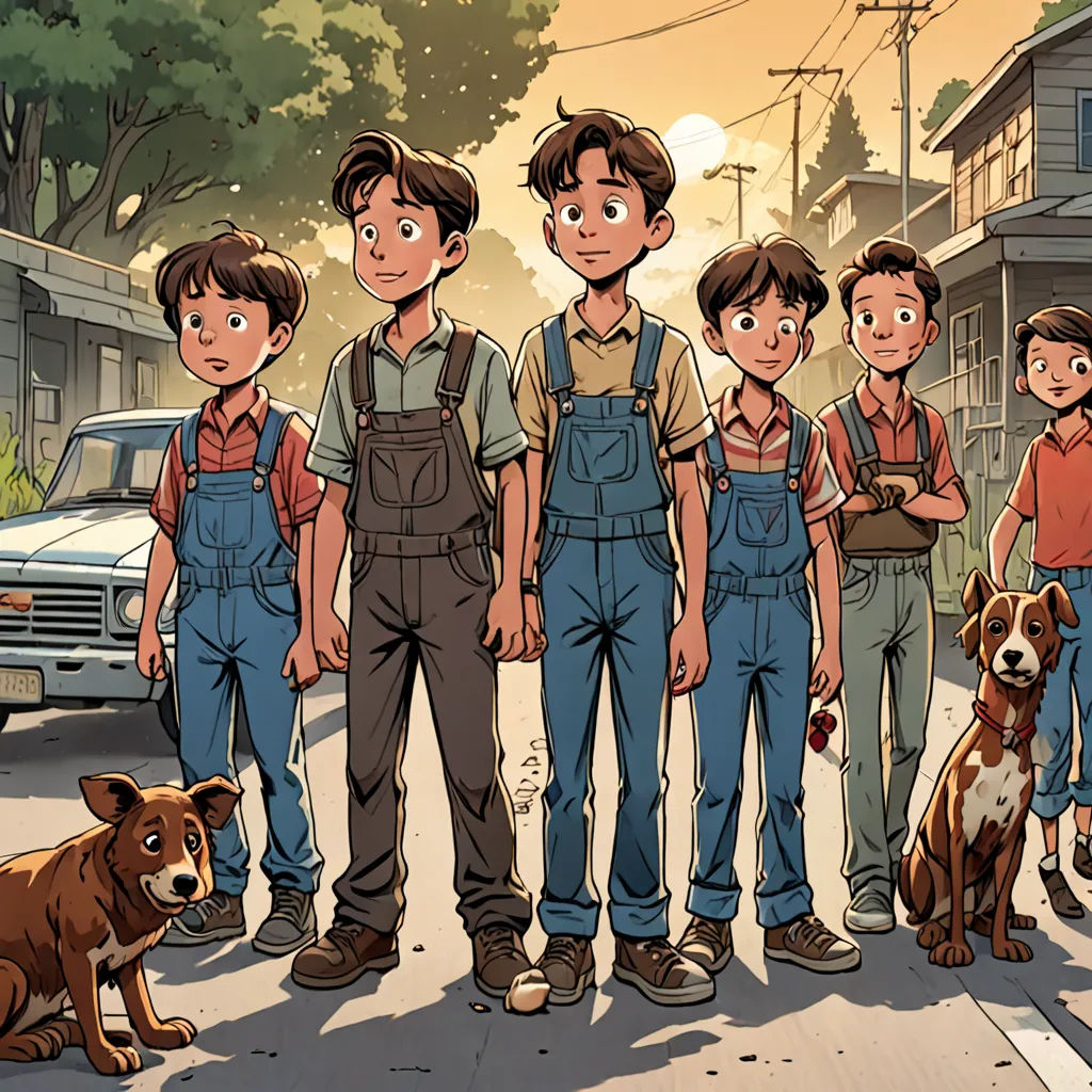 a group of boys and a dog standing on a street corner with a dog sitting on the sidewalk next to them, vancouver school, a comic book panel, Brothers Hildebrandt, comic cover art