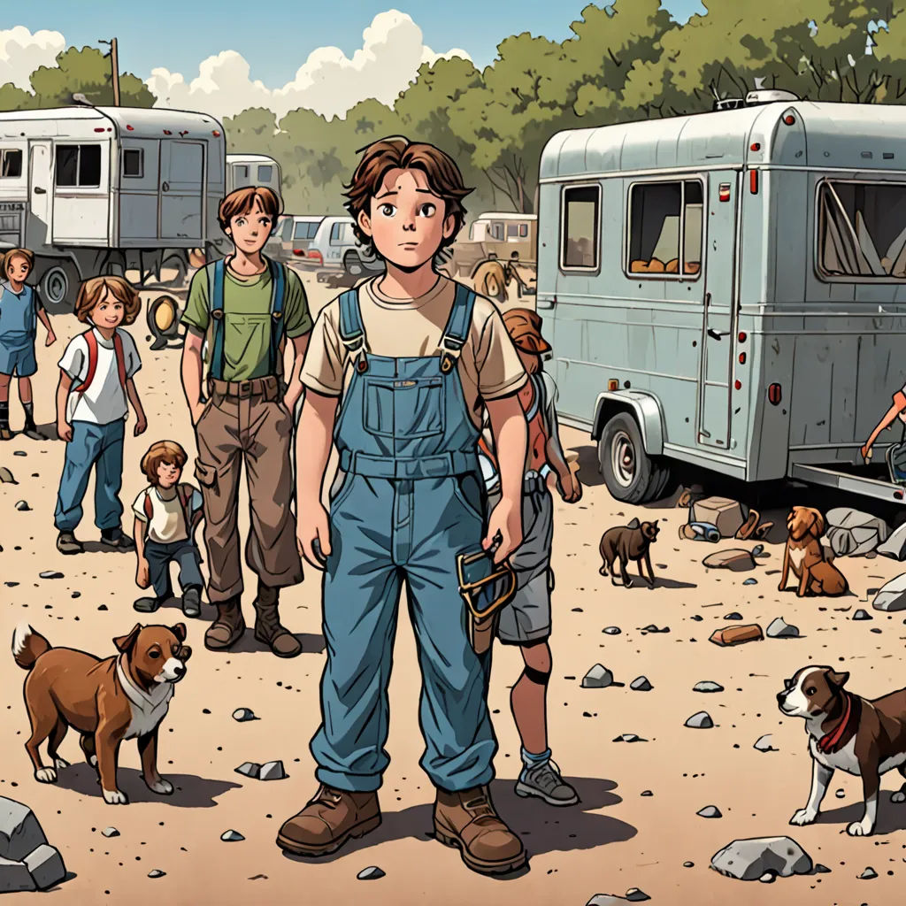 a man standing in front of a group of people with dogs and a trailer in the background with a dog on the ground, american realism, a comic book panel, F Scott Hess, western comic book art