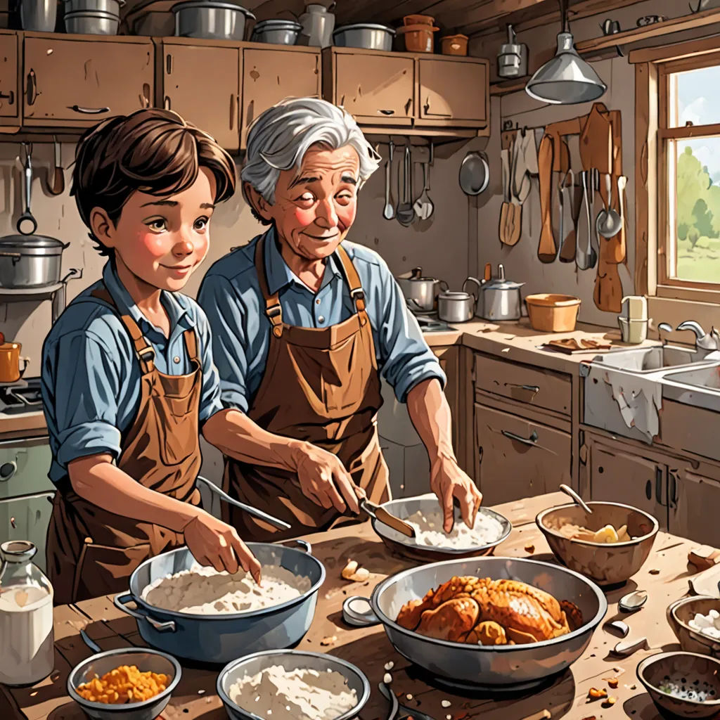a painting of a man and a boy making food in a kitchen together, with a woman standing behind them, american scene painting, a storybook illustration, Bob Byerley, highly detailed digital painting