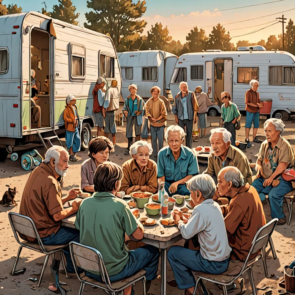a group of people sitting around a table eating food in front of a camper trailer with a dog, american scene painting, poster art, F Scott Hess, highly detailed digital painting