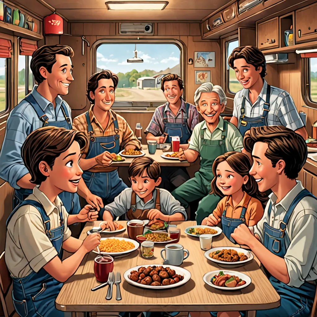 a family is eating dinner in a train car with a man and woman and two children sitting at a table, sots art, a storybook illustration, Brothers Hildebrandt, official art