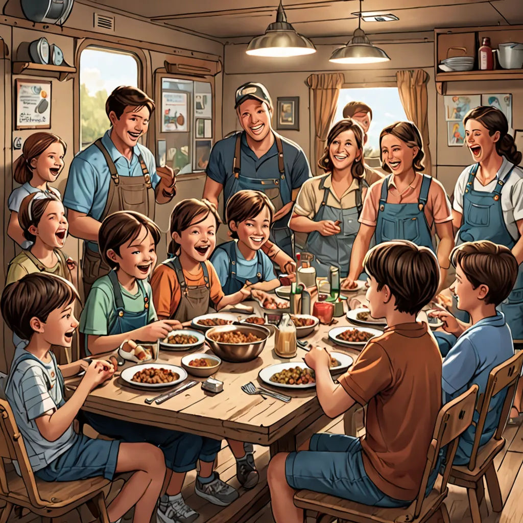 a family is gathered around a table eating dinner together, with a man standing in the middle of the table, american scene painting, a storybook illustration, F Scott Hess, highly detailed digital painting