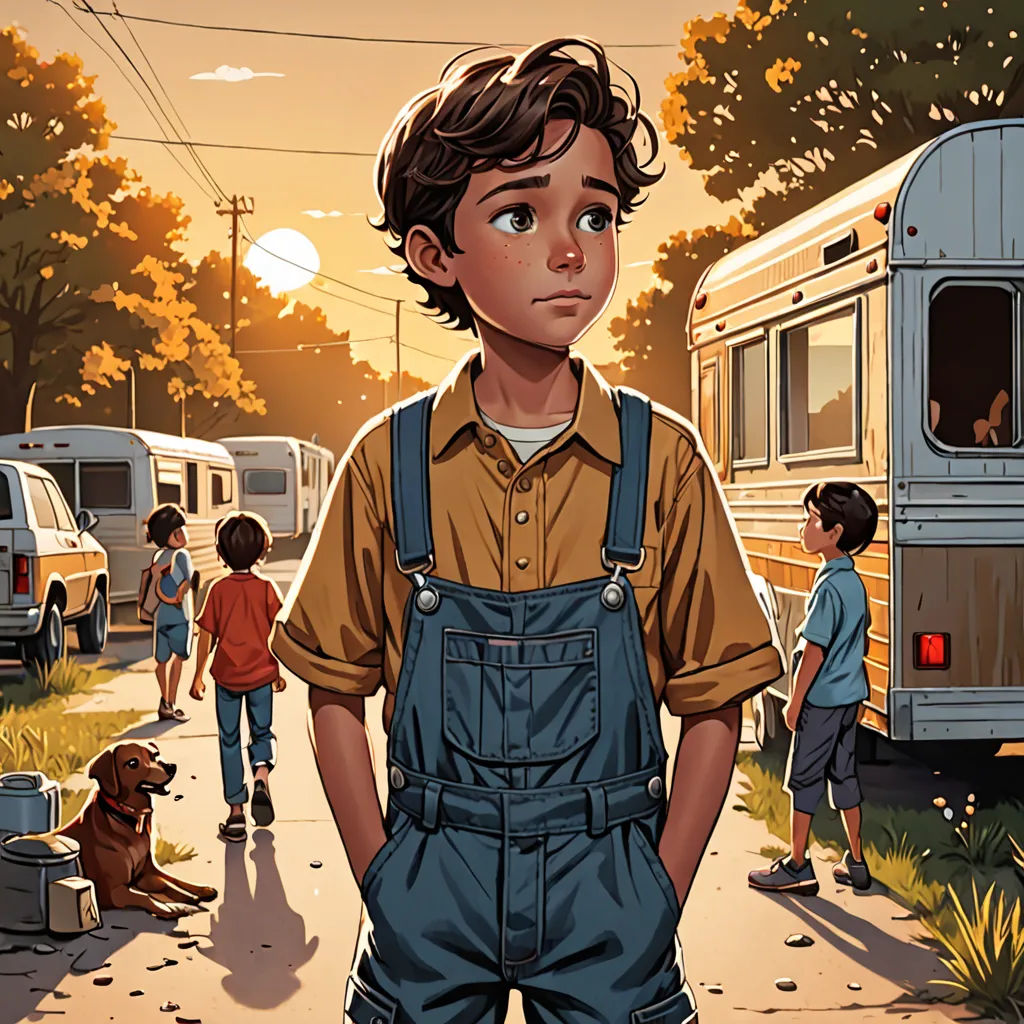 a boy standing in front of a bus with a dog on the side of the road and a group of people walking by, american scene painting, a character portrait, Aaron Jasinski, graphic novel