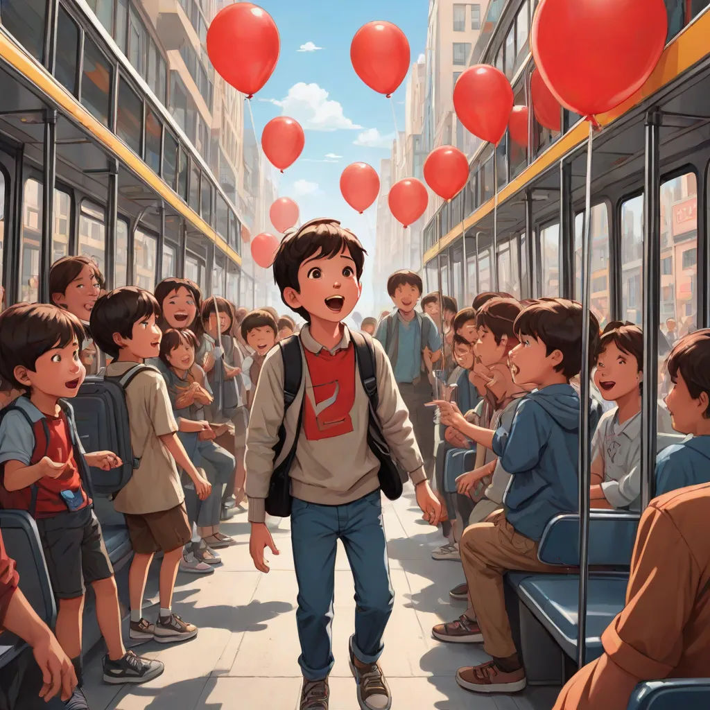 a boy is walking down a crowded street with balloons floating in the air above him and a group of children on the bus, magical realism, a storybook illustration, Diego Gisbert Llorens, rossdraws global illumination