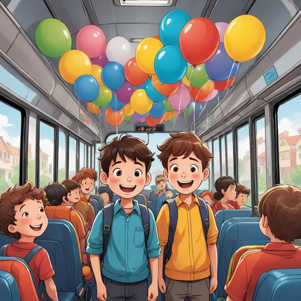 a group of people riding on a bus with balloons above them and a ceiling of windows above them,, serial art, a comic book panel, Diego Gisbert Llorens, official art