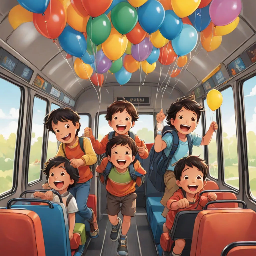 a group of children riding on a bus with balloons in the air above them and a man holding a camera, lyco art, a storybook illustration, Diego Gisbert Llorens, official art