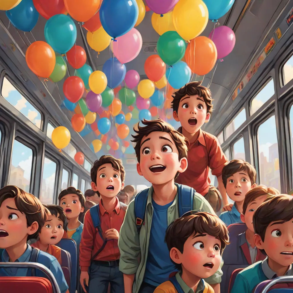 a group of children riding on a bus with balloons floating above them and a man standing in the middle of the bus, sots art, poster art, Alejandro Burdisio, pixar style