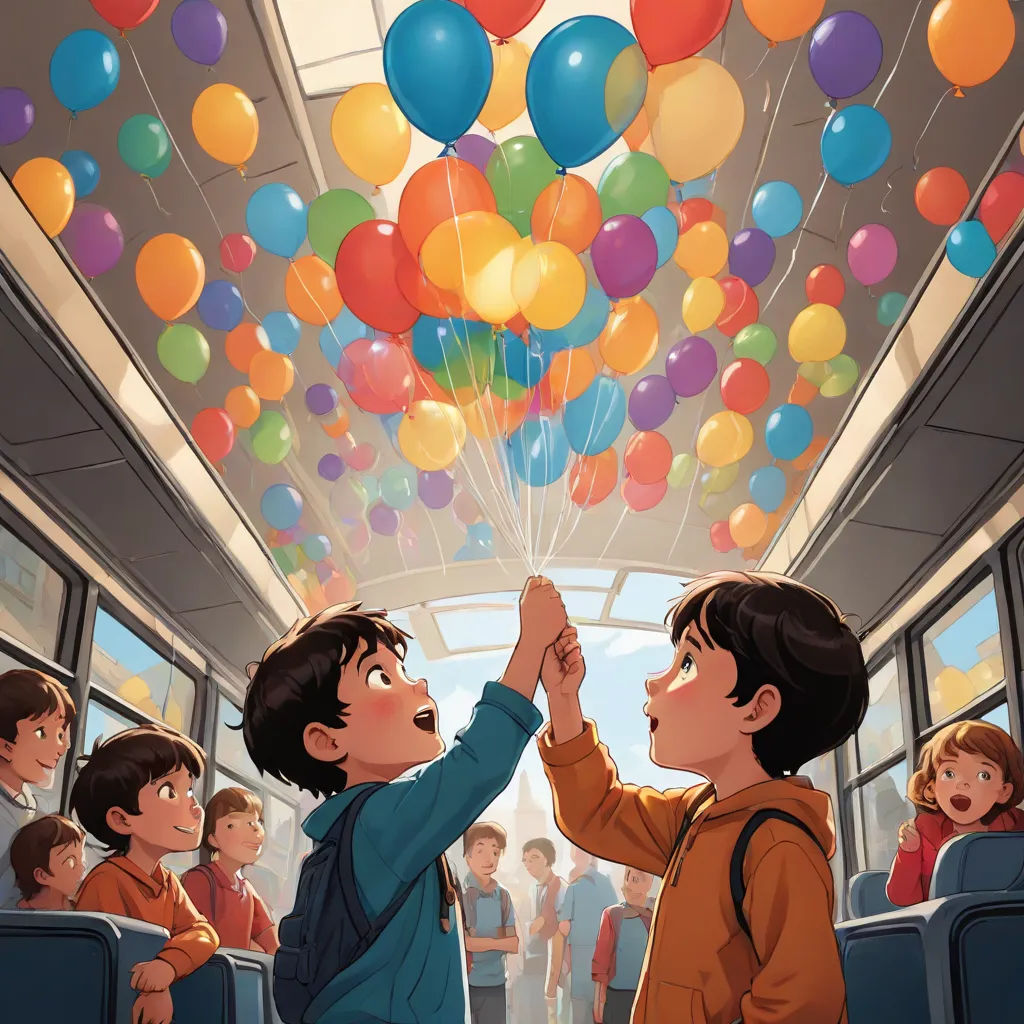 a boy is holding a bunch of balloons while another boy holds a string of balloons above him in a crowded train, vancouver school, a storybook illustration, Diego Gisbert Llorens, official art
