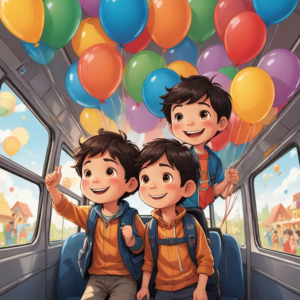 two boys are sitting on a bus with balloons in the air above them and a boy is standing on the back of the bus, lyco art, a comic book panel, Diego Gisbert Llorens, official art