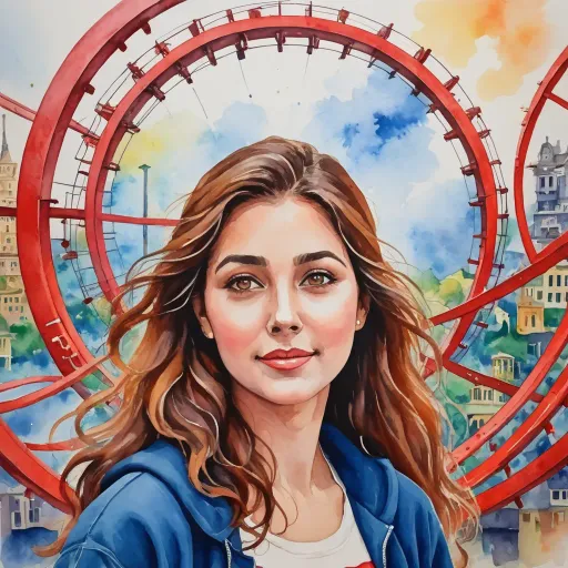 a painting of a woman in front of a ferris wheel with a city in the background and a sky background, figurative art, an oil on canvas painting, Elina Karimova, detailed painting
