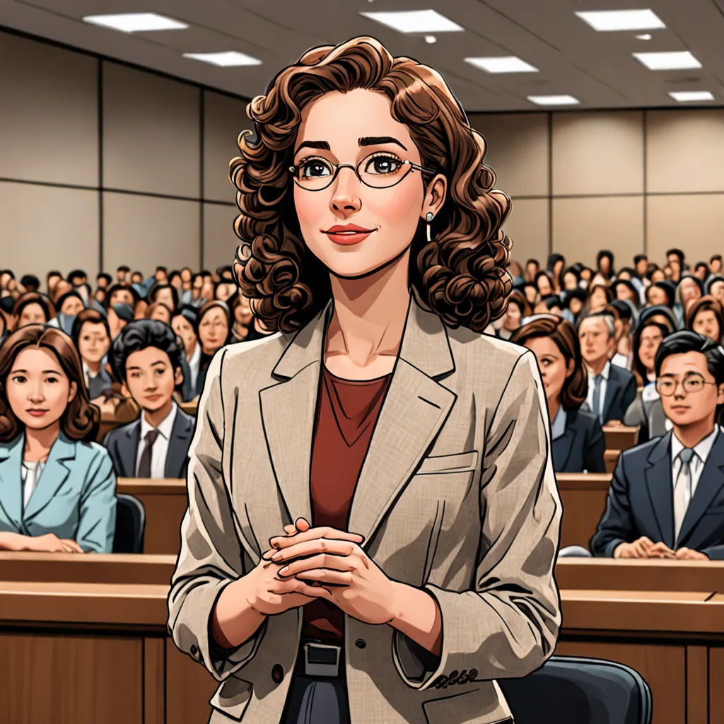 a woman standing in front of a class of people in a courtroom with her hands folded up in front of her chest, academic art, a comic book panel, Byeon Sang-byeok, graphic novel