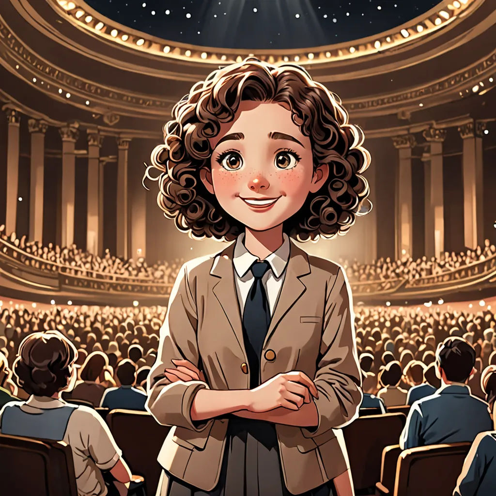 a cartoon of a woman standing in front of a crowd of people in a theater with a spotlight on the ceiling, paris school, a comic book panel, Florence Engelbach, official art