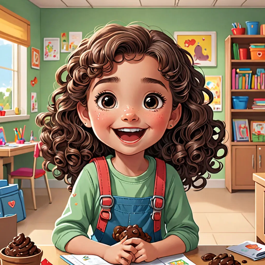 a cartoon girl sitting at a table with a donut in front of her and a book on the table, photorealism, a storybook illustration, Diego Gisbert Llorens, cgstudio