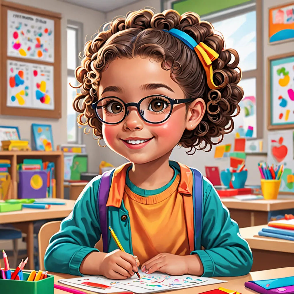 a cartoon girl with glasses and a backpack is smiling at the camera while coloring in a classroom with other children, american scene painting, a detailed painting, Chris LaBrooy, professional digital painting