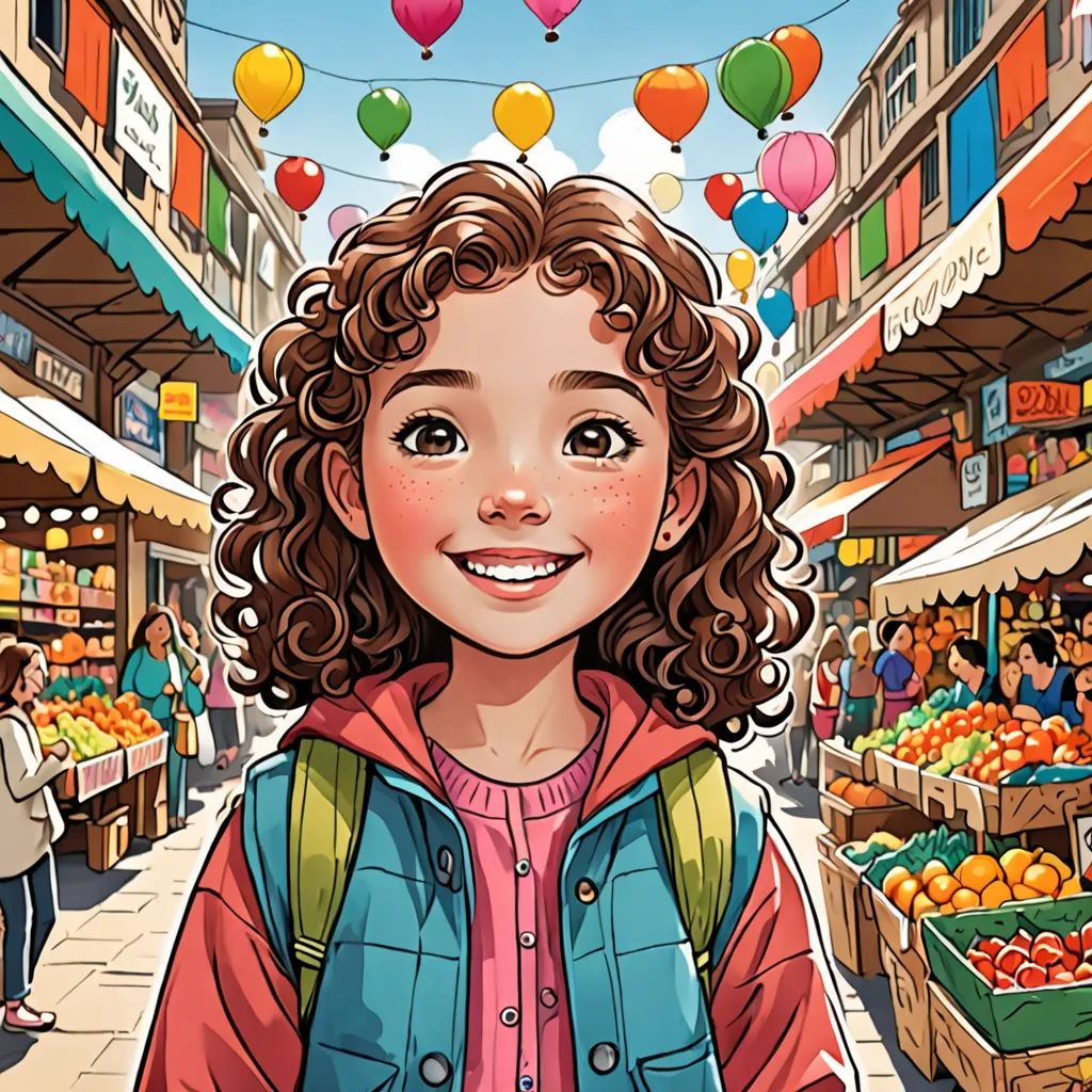 a cartoon of a girl in a market with balloons above her head and a street market in the background, lyco art, a storybook illustration, Bouchta El Hayani, trending on art station