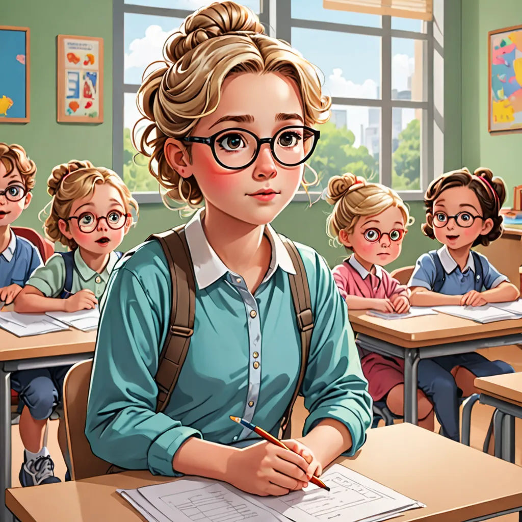 a girl sitting at a desk with a pencil in her hand and a group of children behind her in a classroom, paris school, a detailed painting, Cyril Rolando, trending on art station