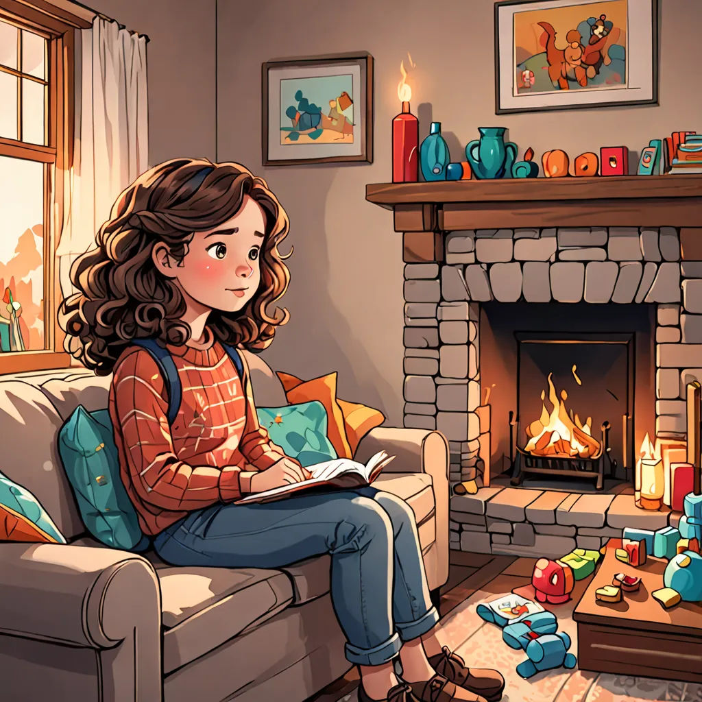 a girl sitting on a couch reading a book in front of a fireplace with a fire place in the corner, art & language, a storybook illustration, Diego Gisbert Llorens, storybook illustration