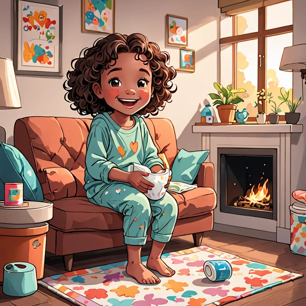 a little girl sitting on a couch holding a cup of coffee in front of a fireplace in a living room, lyco art, a storybook illustration, Diego Gisbert Llorens, storybook illustration