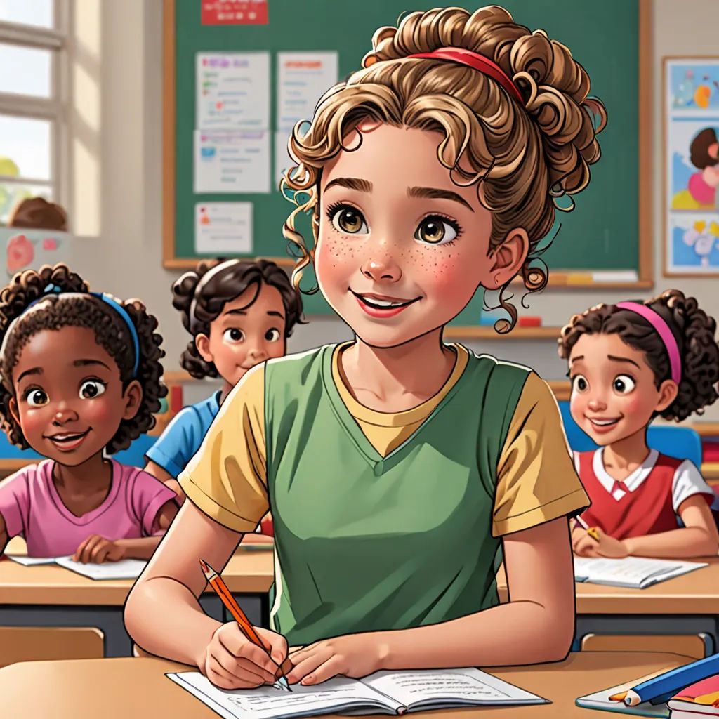 a cartoon of a girl sitting at a desk with a pencil in her hand and other children in the background, american scene painting, a storybook illustration, Clarice Beckett, official art