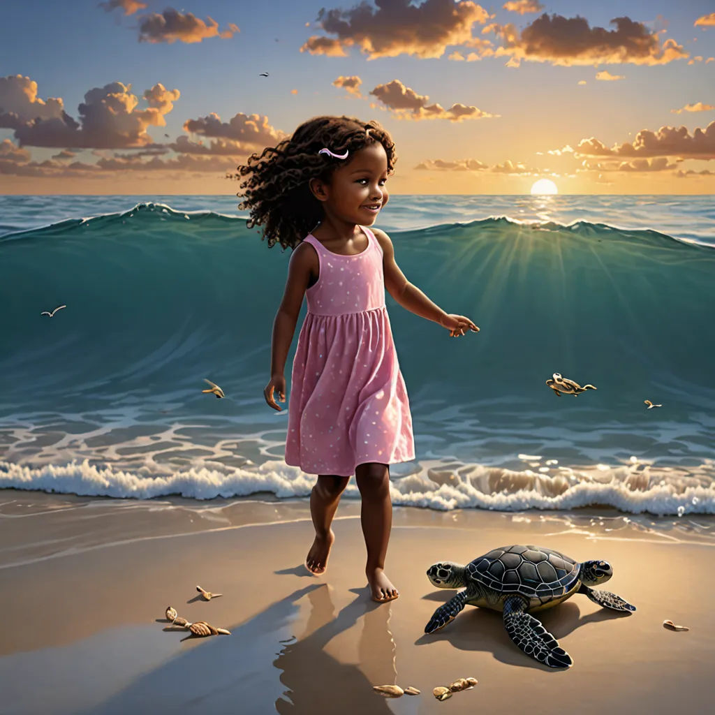 The turtle found his siblings waiting for him. They swam together, disappearing into the vast ocean. The girl felt a sense of accomplishment.