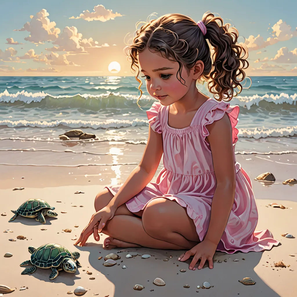 a little girl sitting on a beach next to a turtle and a turtle shell on the sand with the sun in the background, magic realism, an oil painting, Bob Byerley, highly detailed digital painting