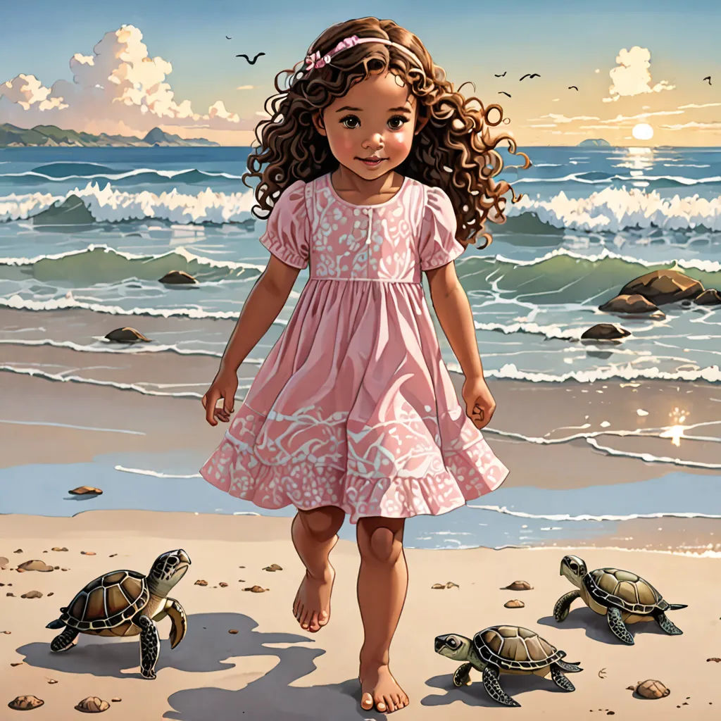 a painting of a little girl walking on the beach with two turtles nearby on a sunny day with a sky background, figurative art, a storybook illustration, Bob Byerley, highly detailed digital painting