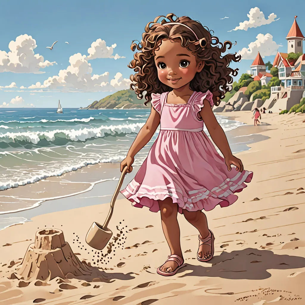 a painting of a little girl digging in the sand at the beach with a shovel and a sandcastle, fantasy art, a storybook illustration, Chris LaBrooy, highly detailed digital painting