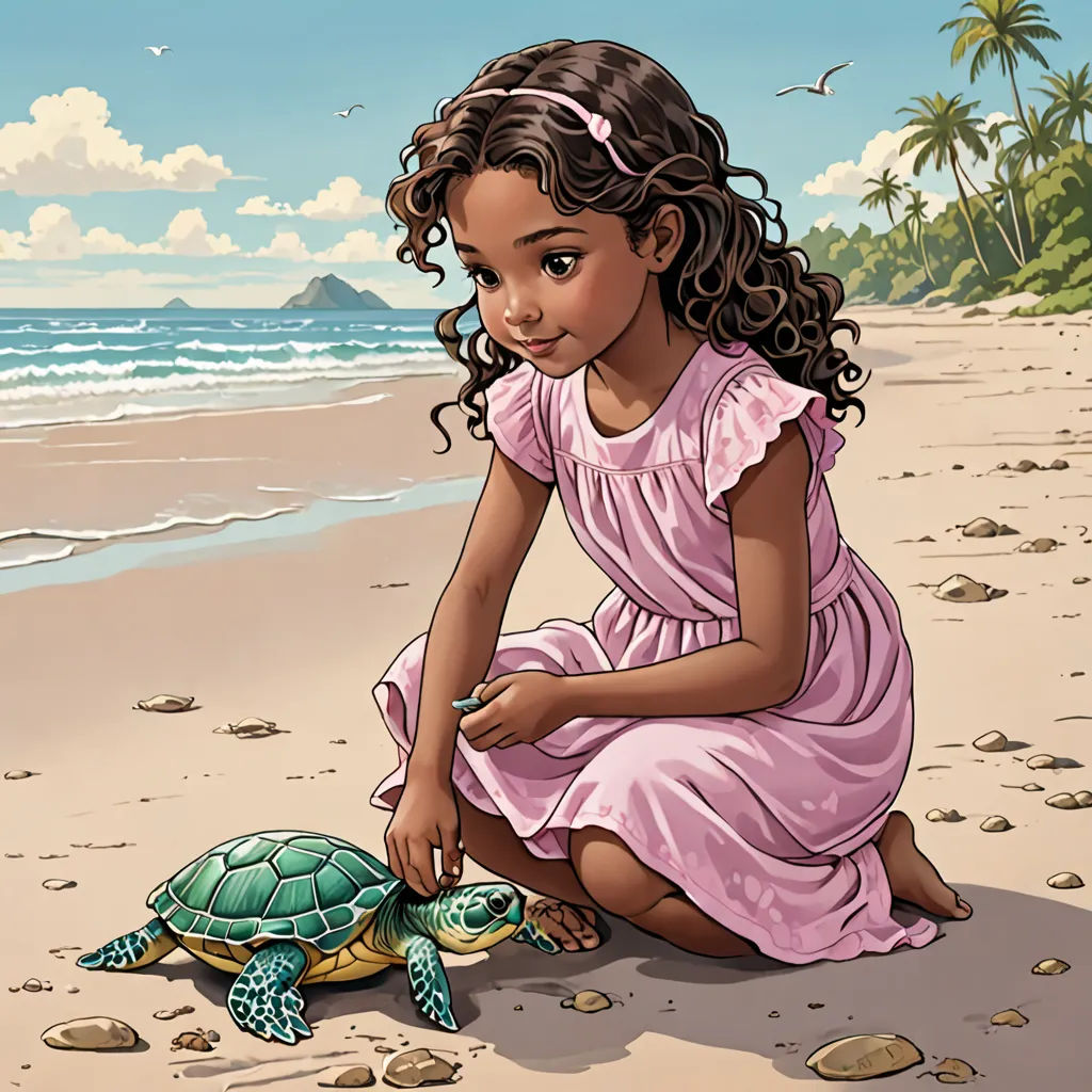 a little girl in a pink dress is playing with a turtle on the beach with a blue sky and clouds in the background, magical realism, a storybook illustration, Cliff Childs, comic cover art