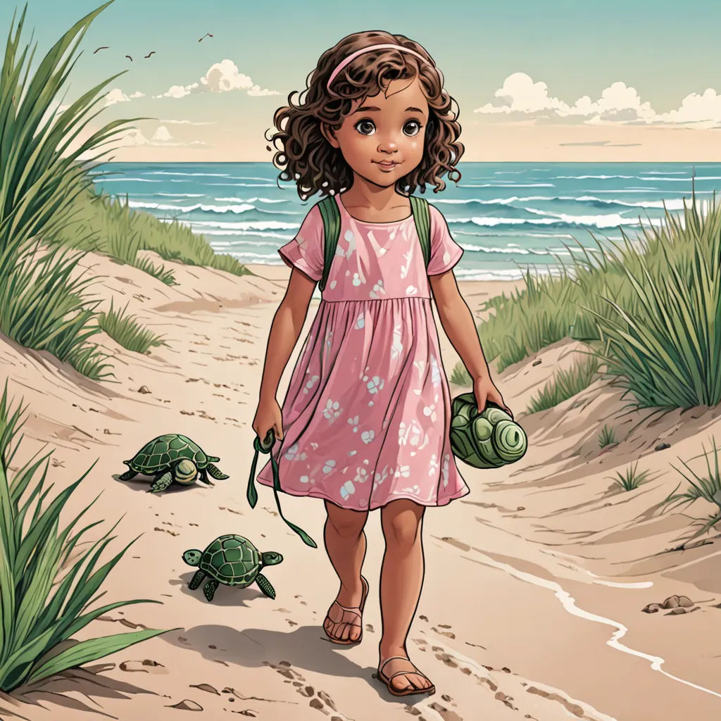 a little girl walking down a beach with a turtle on a leash and a green hat on her head, environmental art, a storybook illustration, Bob Byerley, comic cover art