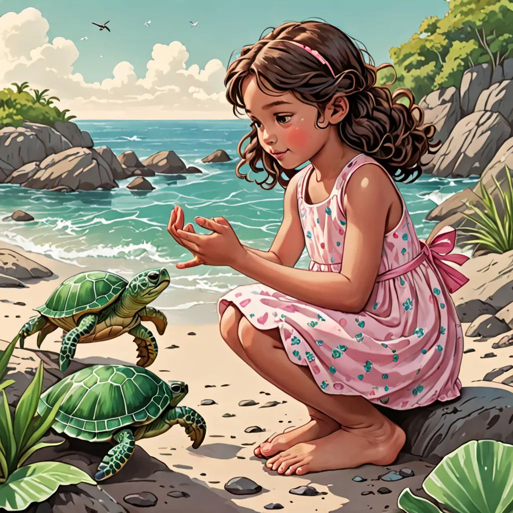 The girl led the turtle through a rocky area full of crabs. She clapped her hands, scaring the crabs away and clearing a path for the turtle.