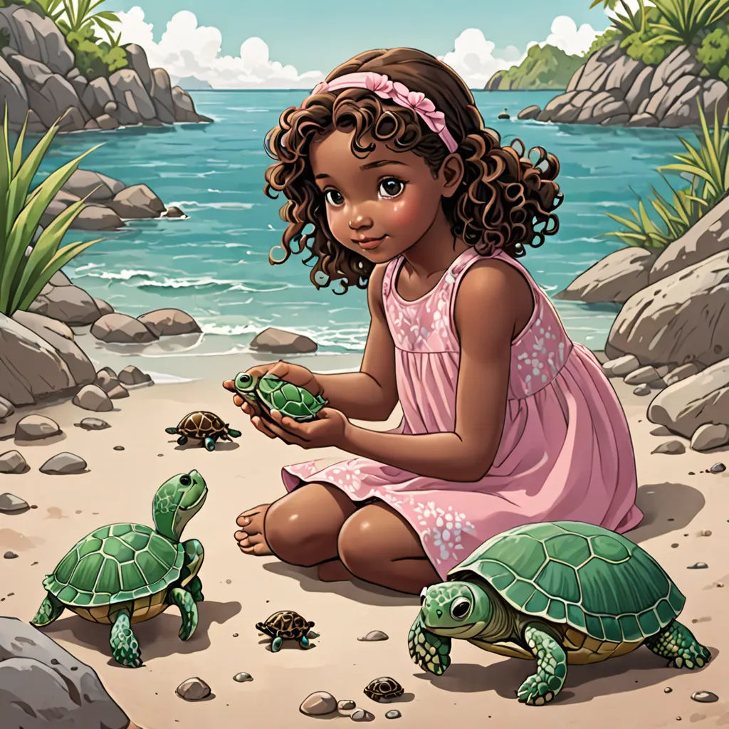 a little girl sitting on a beach with two turtles next to her and a turtle on the ground next to her, magical realism, a storybook illustration, Chris LaBrooy, storybook illustration