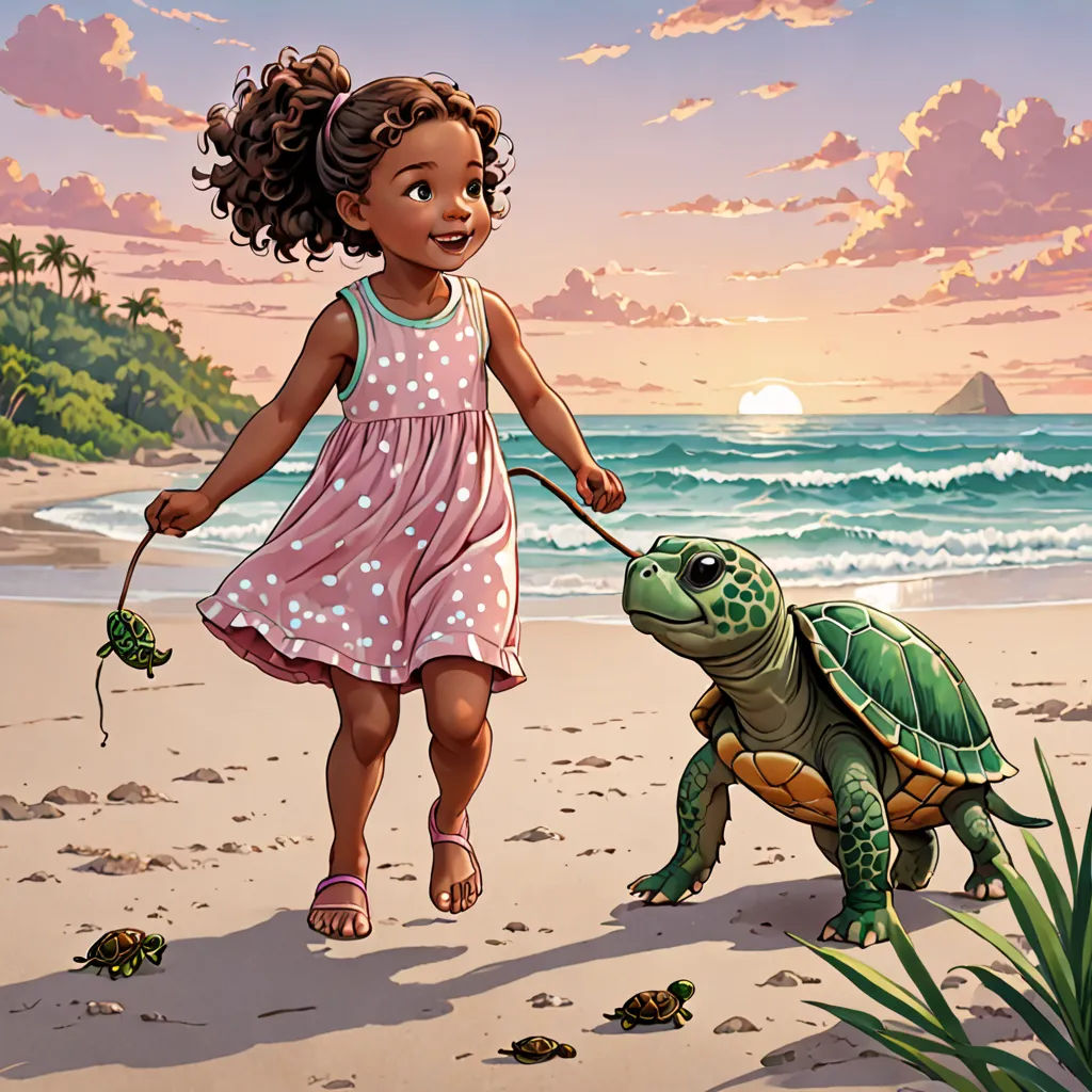 They almost reached the ocean when a playful dog approached. It sniffed the turtle curiously. The girl quickly distracted it with a stick.