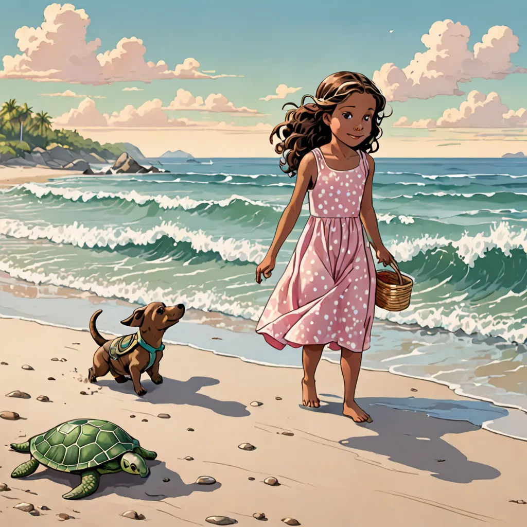 a little girl walking on a beach next to a dog and a turtle on the sand with a basket, magical realism, a storybook illustration, Bob Byerley, comic cover art