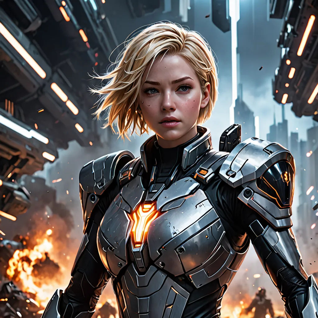 a woman in a futuristic suit standing in front of a city with flames and smoke behind her, with a sci - fi fil, antipodeans, computer graphics, Aleksi Briclot, mass effect
