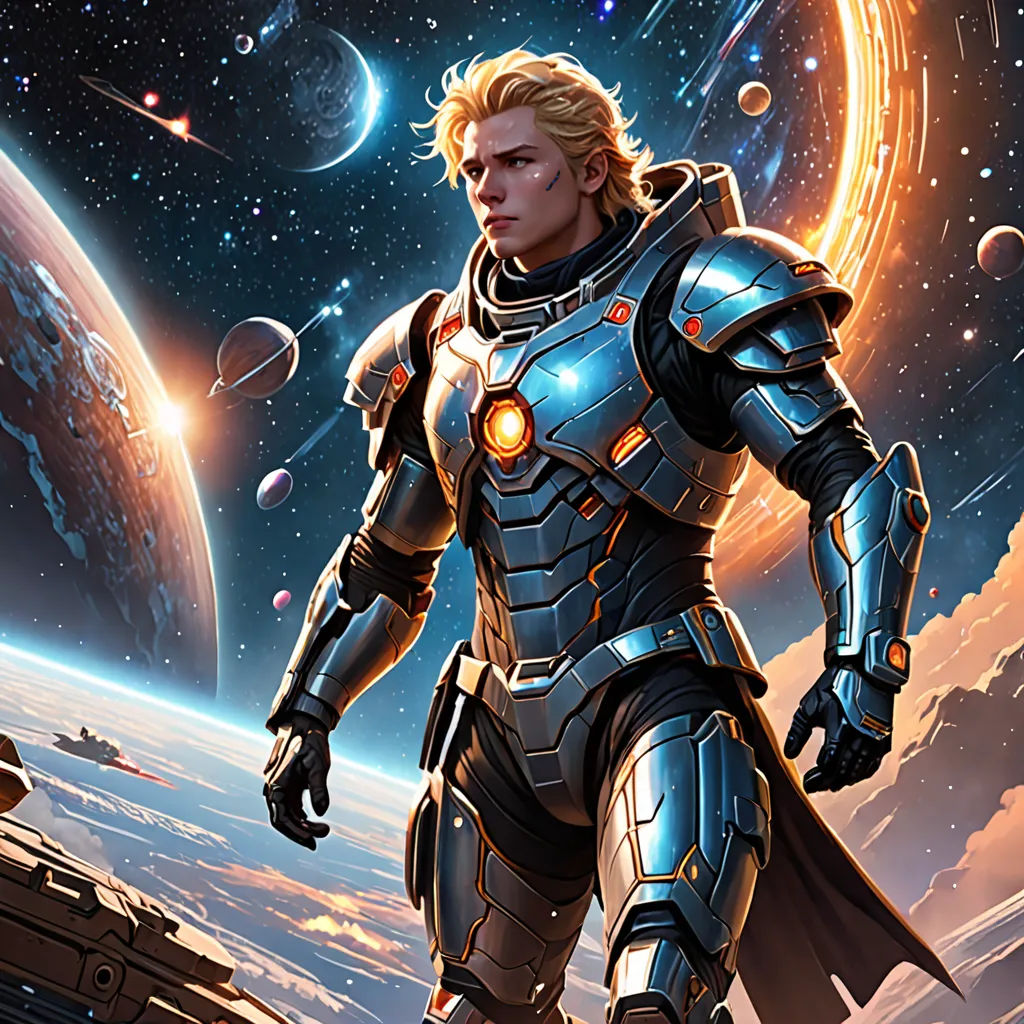 a man in a suit standing on a rock in front of a space background with planets and stars in the sky, space art, concept art, Cedric Seaut (Keos Masons), key art