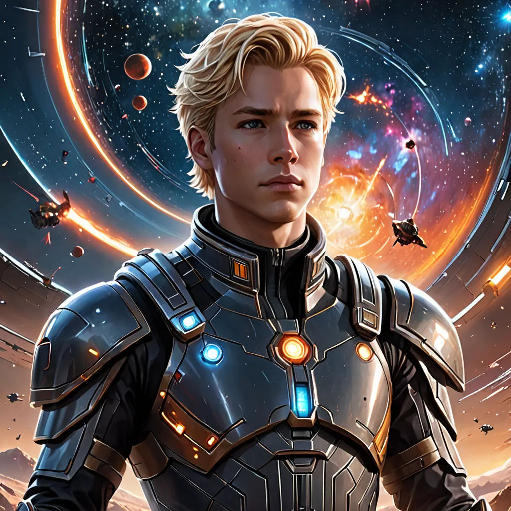 a man in a space suit standing in front of a galaxy background with stars and planets in the background, space art, a character portrait, Cedric Seaut (Keos Masons), rossdraws global illumination