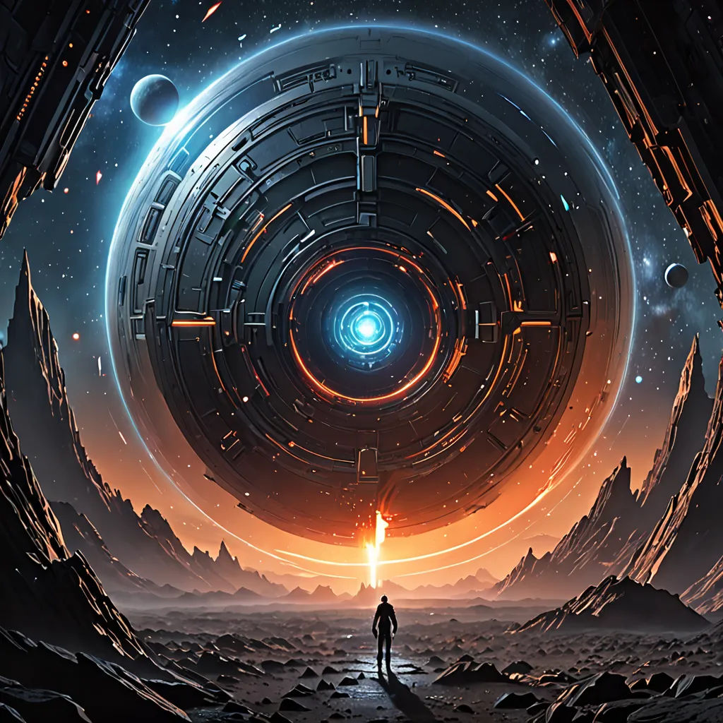 a man standing in front of a large circular object in the sky with a bright light at the end, space art, concept art, Christopher Balaskas, sci fi